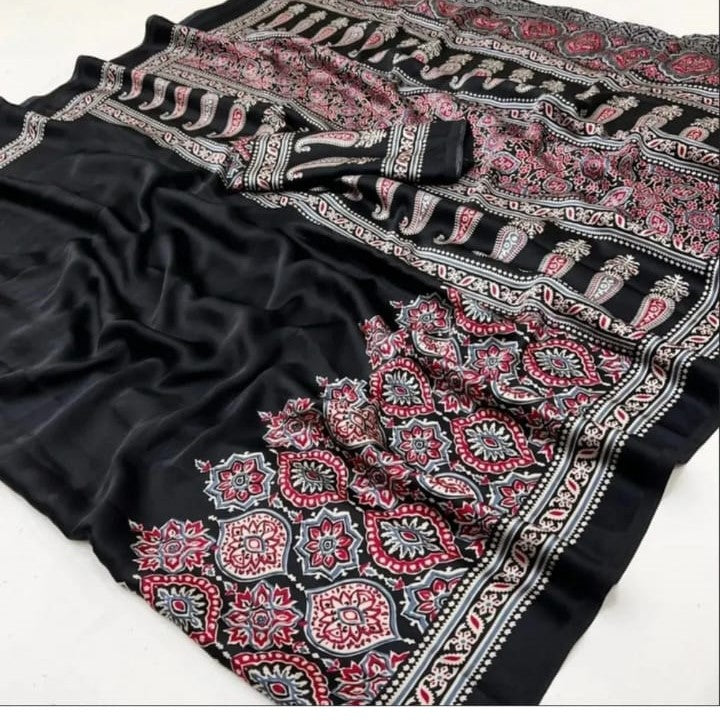 Ajrakh Silk Saree with Traditional Floral Block Print
