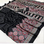 Ajrakh Silk Saree with Traditional Floral Block Print